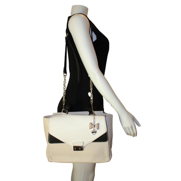 Guess Satchel Handbag Purse Beige Black White - Picture 2 of 3